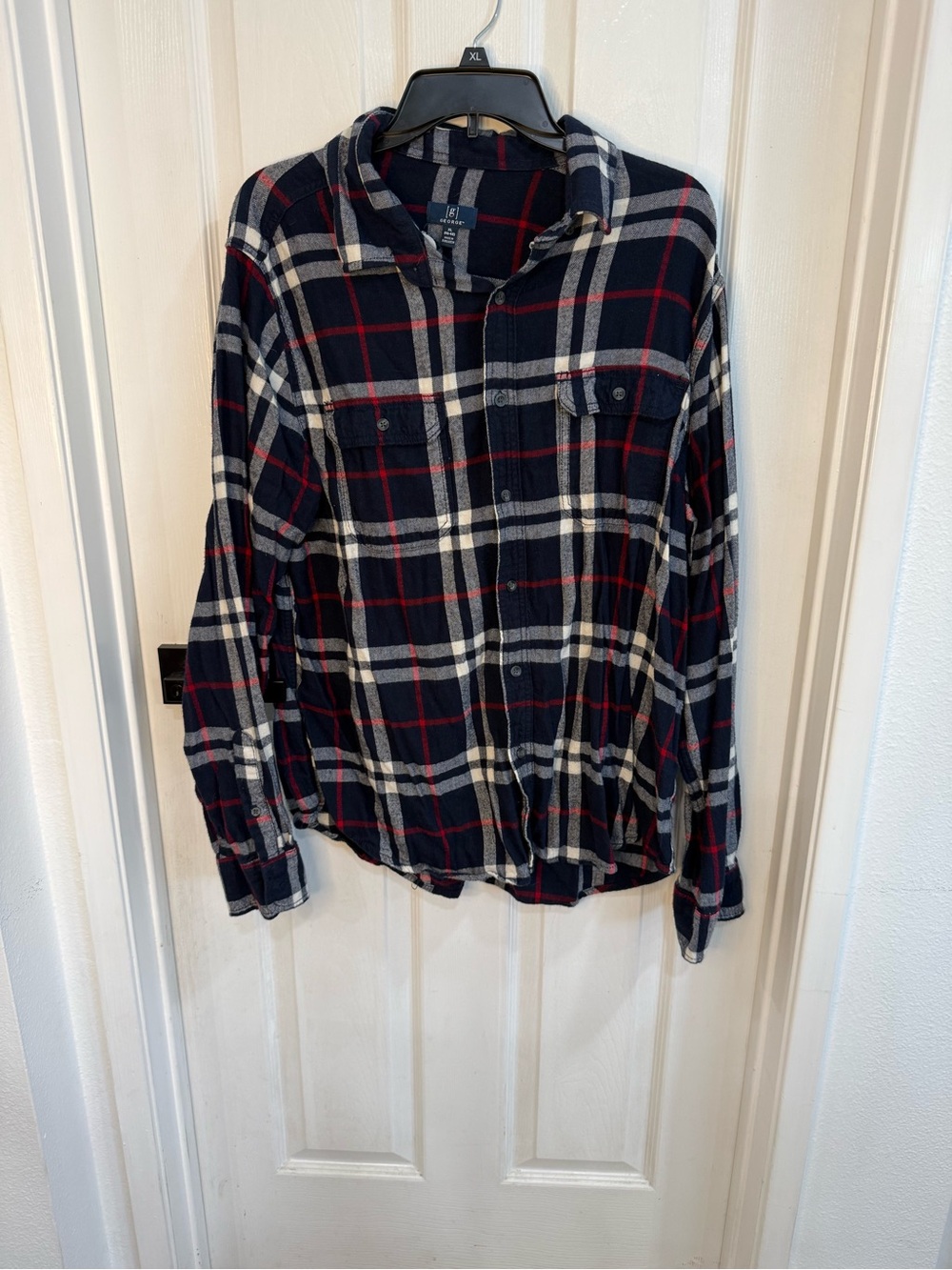 George Navy Plaid Button Down Flannel Shirt XL Red White Blue